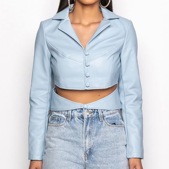 Callie on Clout: Powder Blue Cut Out Button Up Vegan Leather Blazer - Picture 4 of 10
